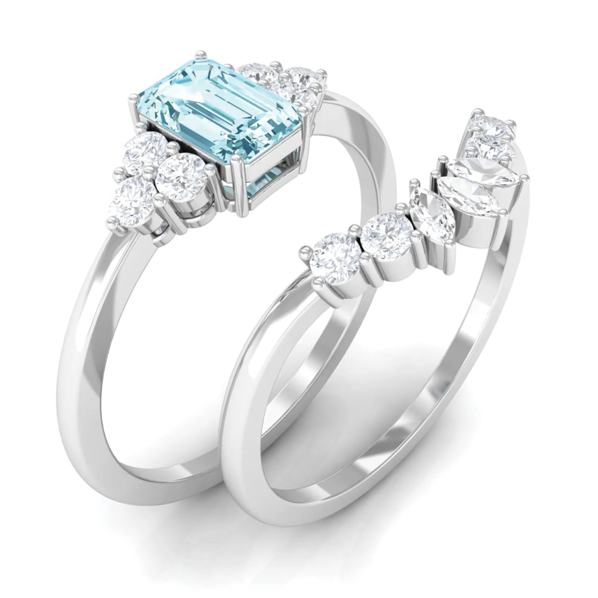 Octagon Aquamarine Solitaire Stackable Ring Set with Diamond