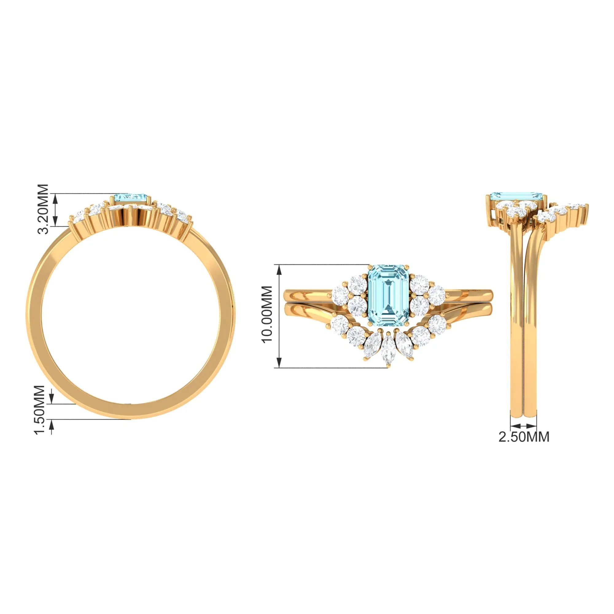 Octagon Aquamarine Solitaire Stackable Ring Set with Diamond