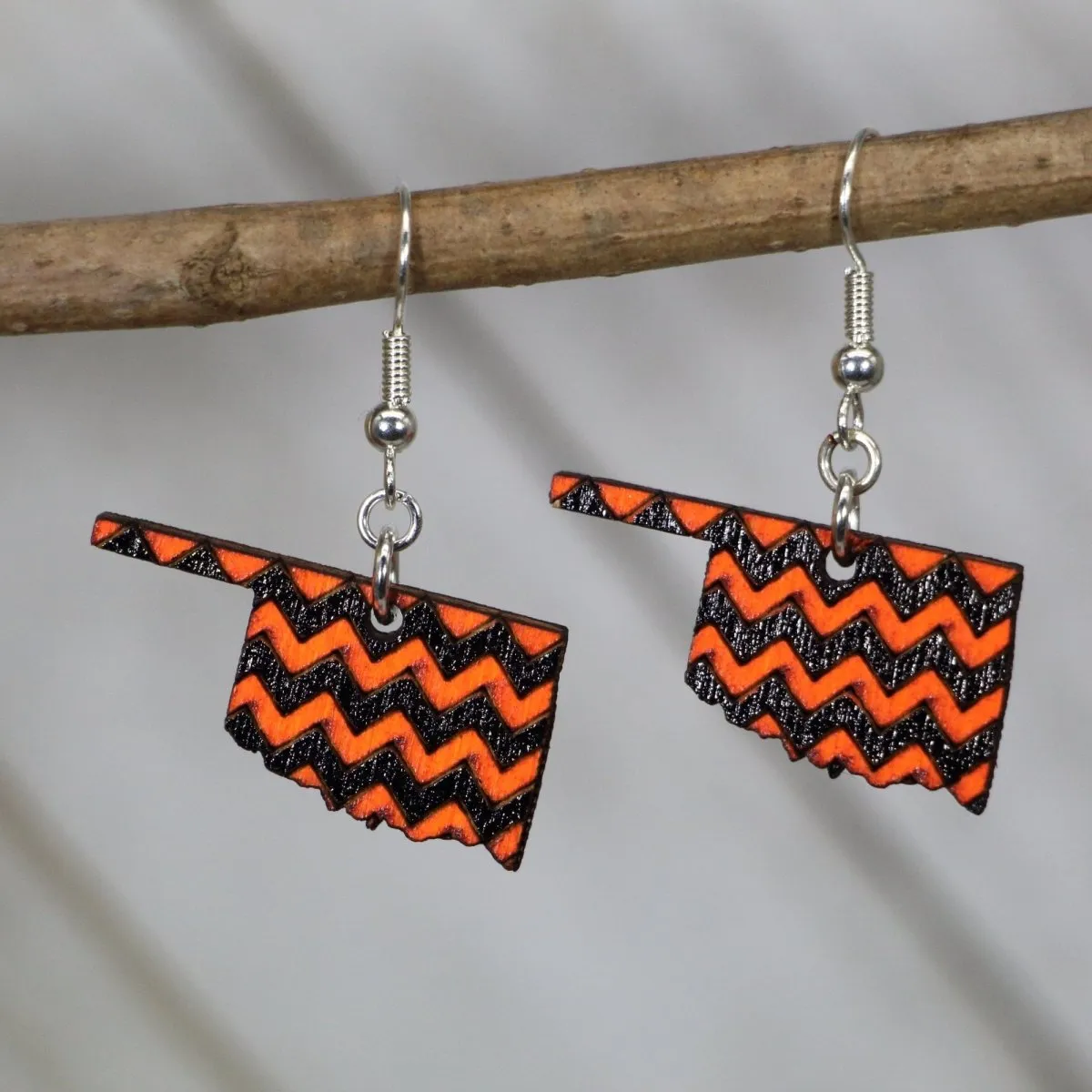 Oklahoma Orange and Black Chevron Wooden Dangle Earrings by Cate's Concepts, LLC