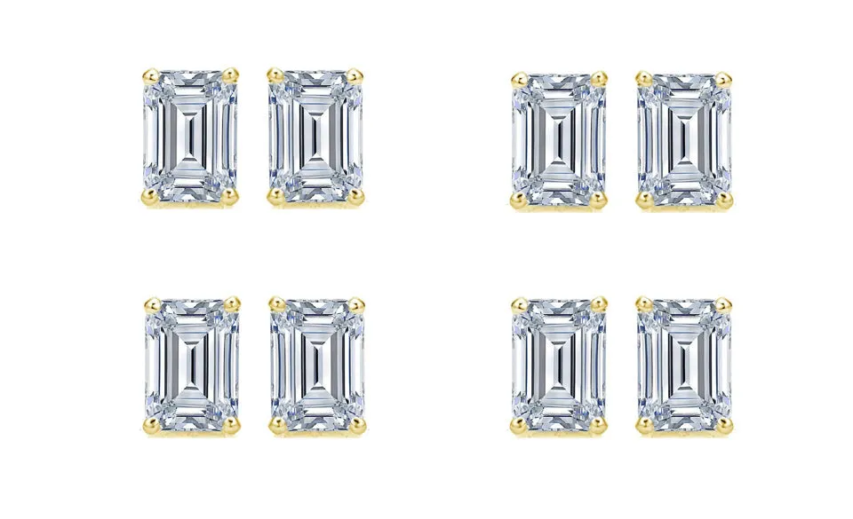 Paris jewelry 14k Yellow Gold 4mm 2Ct Emerald Cut White Sapphire Set Of Four Stud Earrings Plated