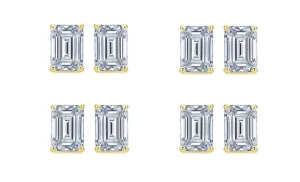 Paris jewelry 14k Yellow Gold 4mm 2Ct Emerald Cut White Sapphire Set Of Four Stud Earrings Plated