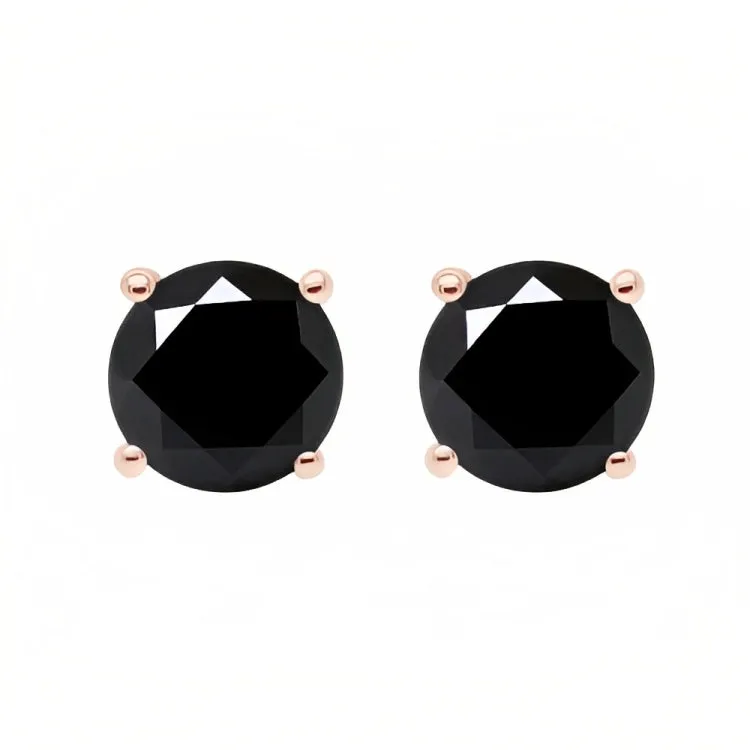 Paris Jewelry 18k Rose Gold 2 Pair Created Black Sapphire 6mm Round & Princess Cut Stud Earrings Plated
