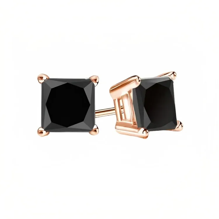 Paris Jewelry 18k Rose Gold 2 Pair Created Black Sapphire 6mm Round & Princess Cut Stud Earrings Plated