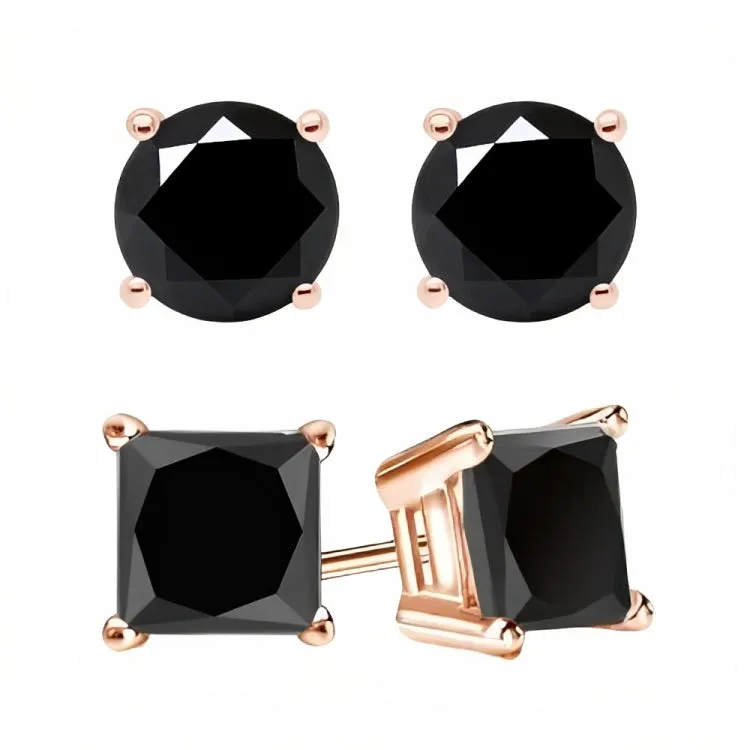 Paris Jewelry 18k Rose Gold 2 Pair Created Black Sapphire 6mm Round & Princess Cut Stud Earrings Plated