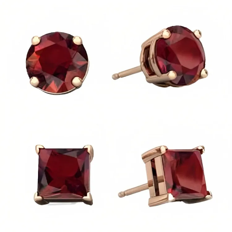 Paris Jewelry 18k Rose Gold 2 Pair Created Garnet 4mm Round & Princess Cut Stud Earrings Plated