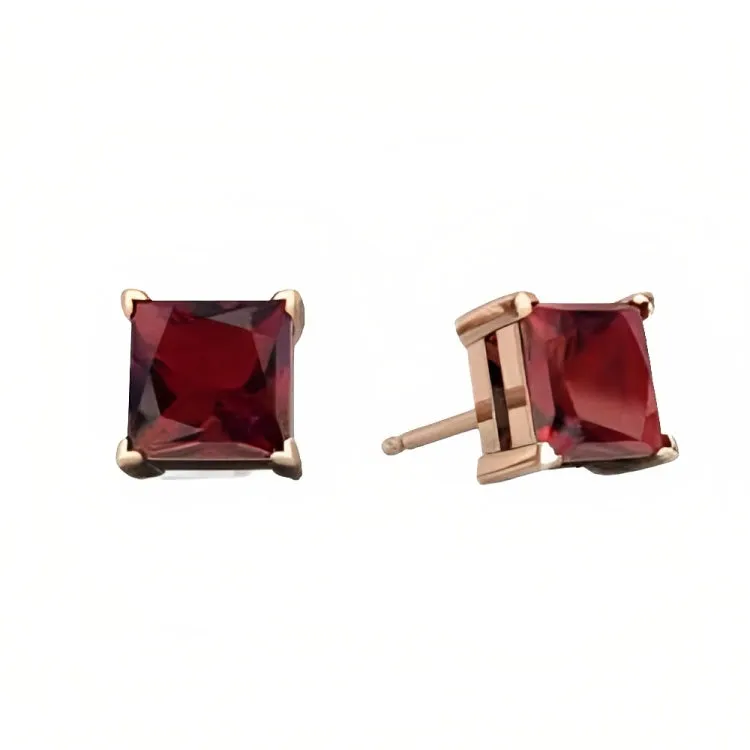Paris Jewelry 18k Rose Gold 2 Pair Created Garnet 4mm Round & Princess Cut Stud Earrings Plated