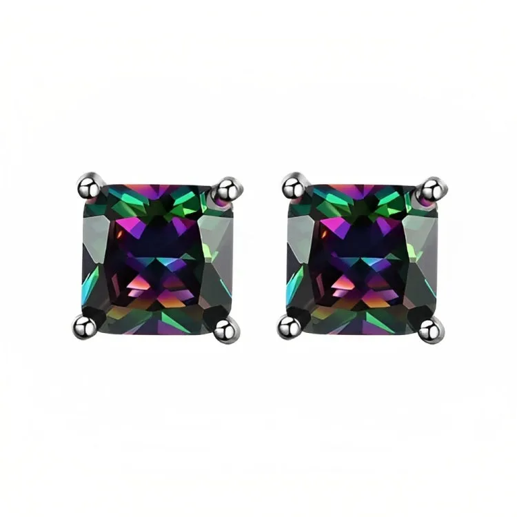 Paris Jewelry 18k White Gold 2 Pair Created Mystic 4mm, 6mm Round & Princess Cut Stud Earrings Plated