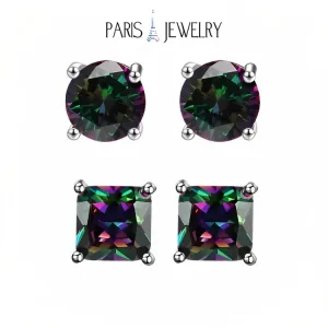 Paris Jewelry 18k White Gold 2 Pair Created Mystic 4mm, 6mm Round & Princess Cut Stud Earrings Plated