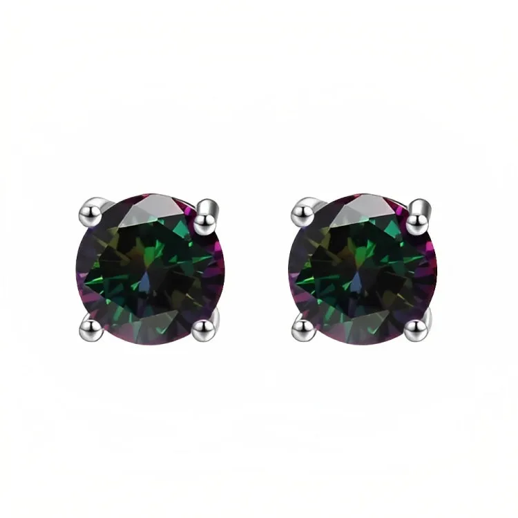 Paris Jewelry 18k White Gold 2 Pair Created Mystic 4mm, 6mm Round & Princess Cut Stud Earrings Plated