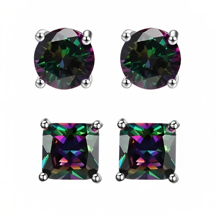 Paris Jewelry 18k White Gold 2 Pair Created Mystic 4mm, 6mm Round & Princess Cut Stud Earrings Plated