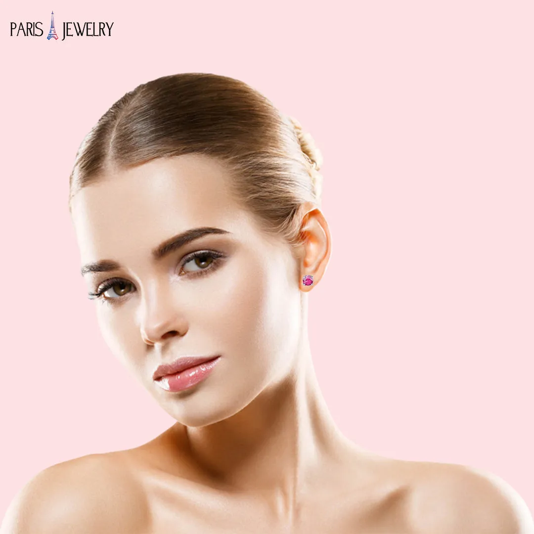 Paris Jewelry 18k White Gold 2 Pair Created Pink Sapphire 4mm, 6mm Round & Princess Cut Stud Earrings Plated