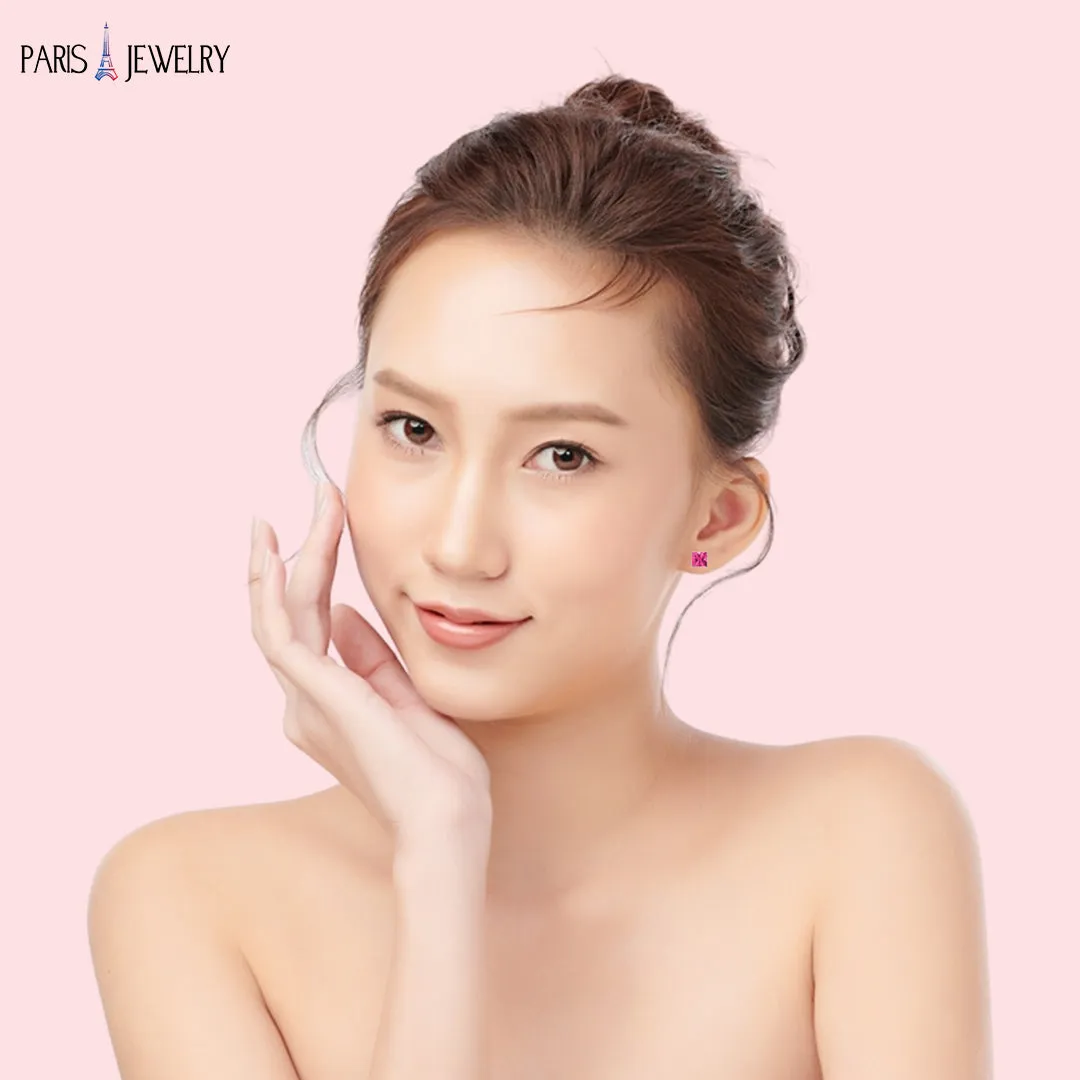 Paris Jewelry 18k White Gold 2 Pair Created Pink Sapphire 4mm, 6mm Round & Princess Cut Stud Earrings Plated