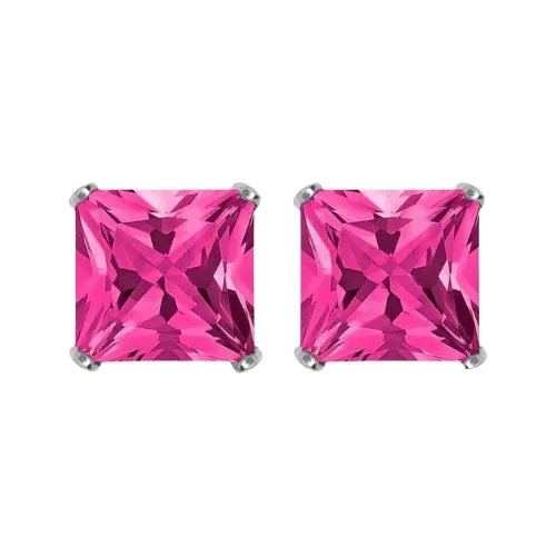 Paris Jewelry 18k White Gold 2 Pair Created Pink Sapphire 4mm, 6mm Round & Princess Cut Stud Earrings Plated
