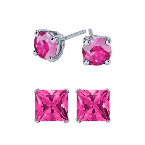 Paris Jewelry 18k White Gold 2 Pair Created Pink Sapphire 4mm, 6mm Round & Princess Cut Stud Earrings Plated