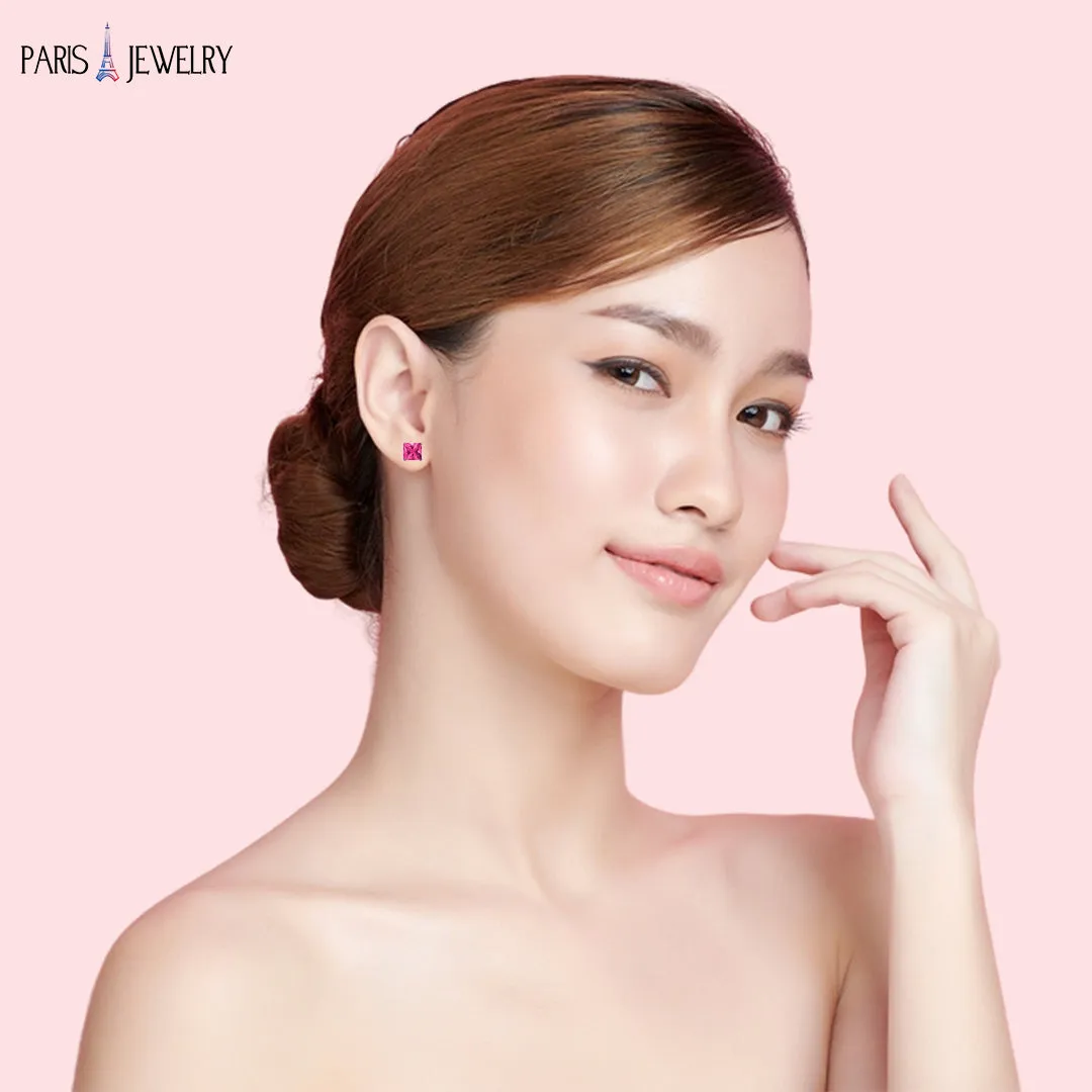 Paris Jewelry 18k White Gold 2 Pair Created Pink Sapphire 4mm, 6mm Round & Princess Cut Stud Earrings Plated