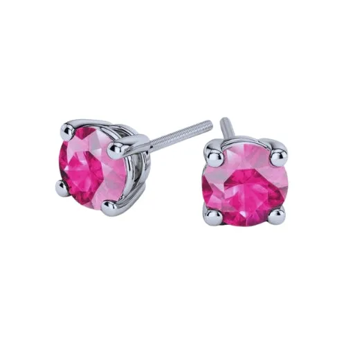 Paris Jewelry 18k White Gold 2 Pair Created Pink Sapphire 4mm, 6mm Round & Princess Cut Stud Earrings Plated