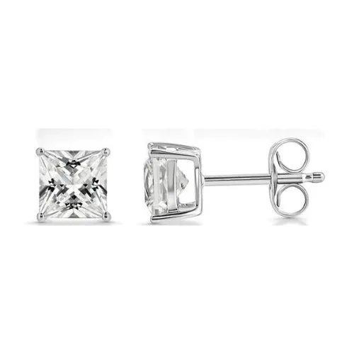 Paris Jewelry 18k White Gold 2 Pair Created White Sapphire 6mm Round & Princess Cut Stud Earrings Plated