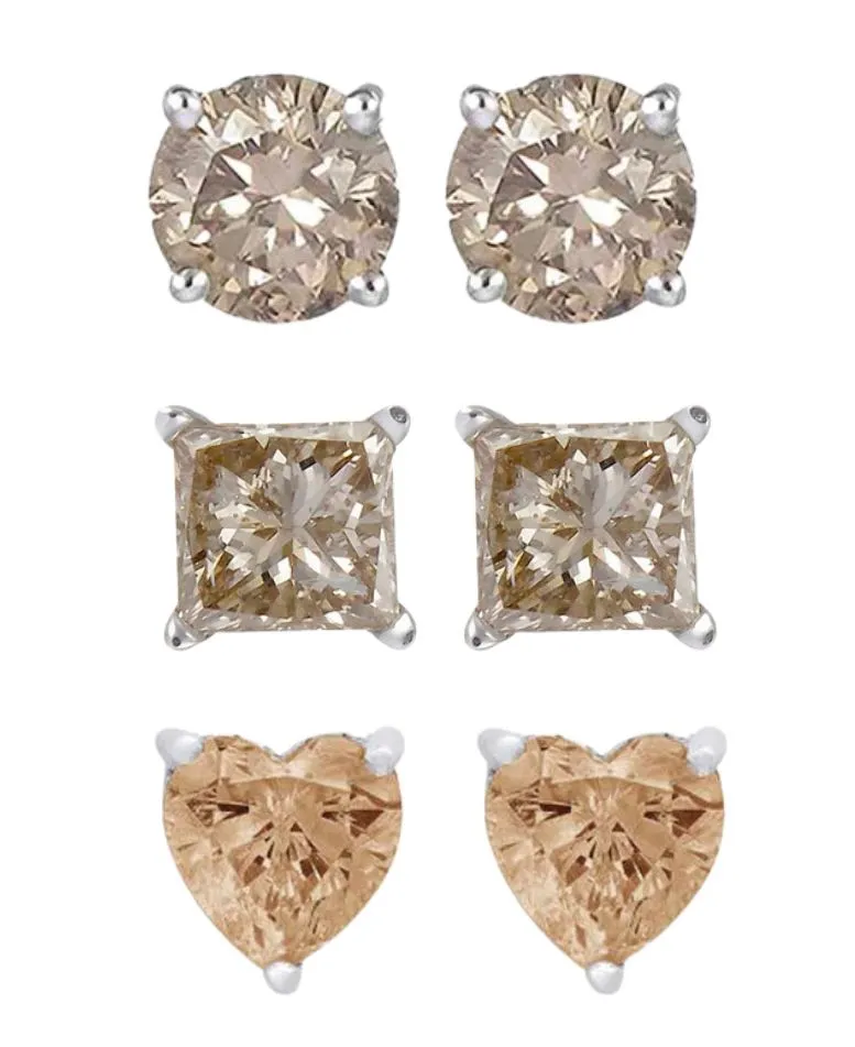 Paris Jewelry 18k White Gold 4Cttw Created Champagne 3 Pair Round, Square and Heart Stud Earrings Plated