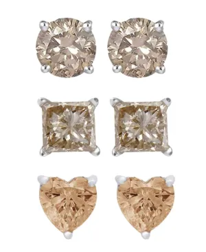 Paris Jewelry 18k White Gold 4Cttw Created Champagne 3 Pair Round, Square and Heart Stud Earrings Plated