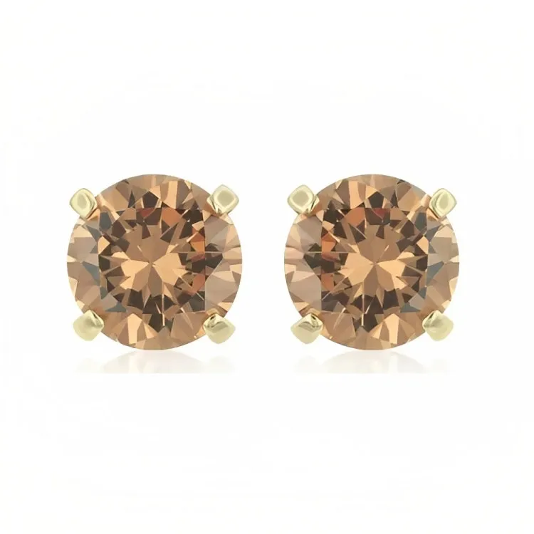 Paris Jewelry 18k Yellow Gold 2 Pair Created Champagne 4mm, 6mm Round & Princess Cut Stud Earrings Plated