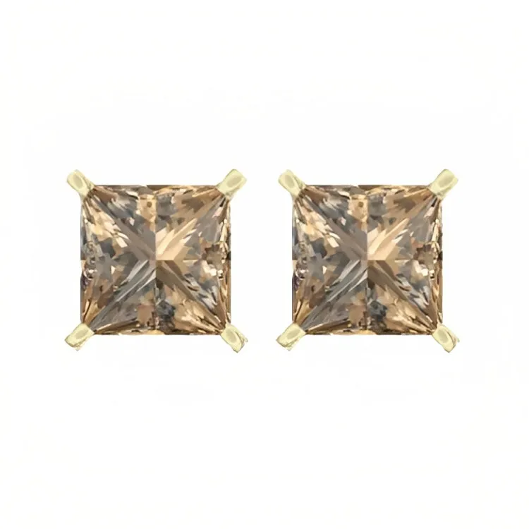 Paris Jewelry 18k Yellow Gold 2 Pair Created Champagne 4mm, 6mm Round & Princess Cut Stud Earrings Plated