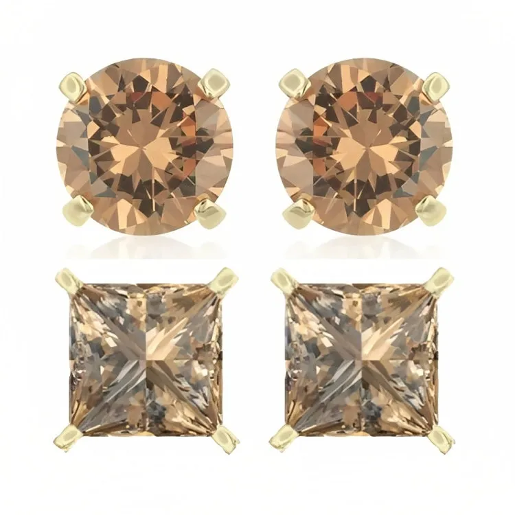 Paris Jewelry 18k Yellow Gold 2 Pair Created Champagne 4mm, 6mm Round & Princess Cut Stud Earrings Plated