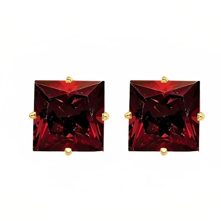 Paris Jewelry 18k Yellow Gold 2 Pair Created Garnet 4mm, 6mm Round & Princess Cut Stud Earrings Plated