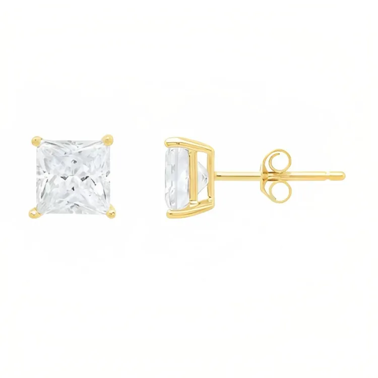 Paris Jewelry 18k Yellow Gold 2 Pair Created White Sapphire 6mm Round & Princess Cut Stud Earrings Plated