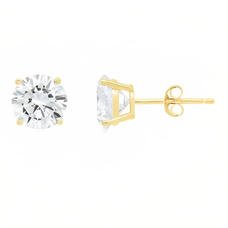 Paris Jewelry 18k Yellow Gold 2 Pair Created White Sapphire 6mm Round & Princess Cut Stud Earrings Plated