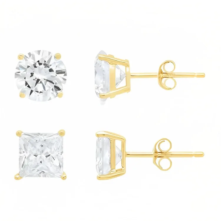 Paris Jewelry 18k Yellow Gold 2 Pair Created White Sapphire 6mm Round & Princess Cut Stud Earrings Plated