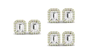 Paris jewelry 18k Yellow Gold 2Ct Emerald Cut White Sapphire Set Of Three Halo Stud Earrings Plated