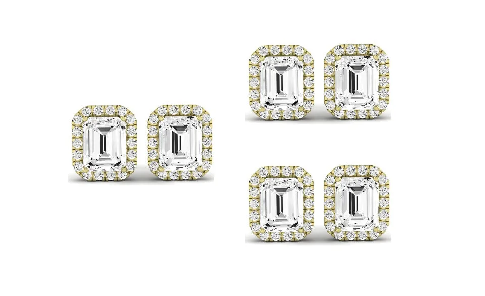Paris jewelry 18k Yellow Gold 2Ct Emerald Cut White Sapphire Set Of Three Halo Stud Earrings Plated