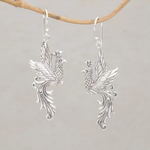 Peacock Motif Sterling Silver Dangle Earrings - Merak Majesty | NOVICA