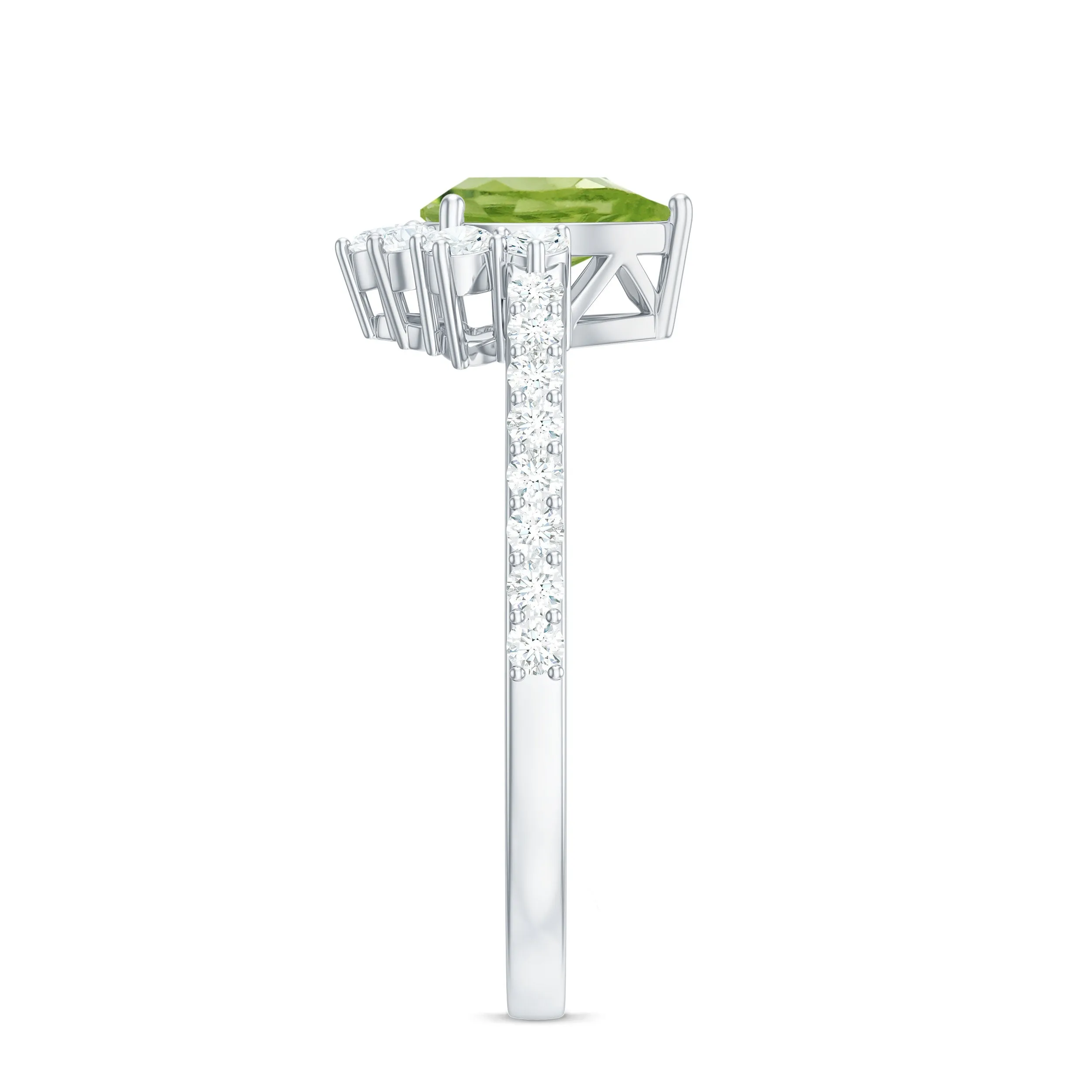 Pear Cut Natural Peridot Ring with Diamond Half Halo