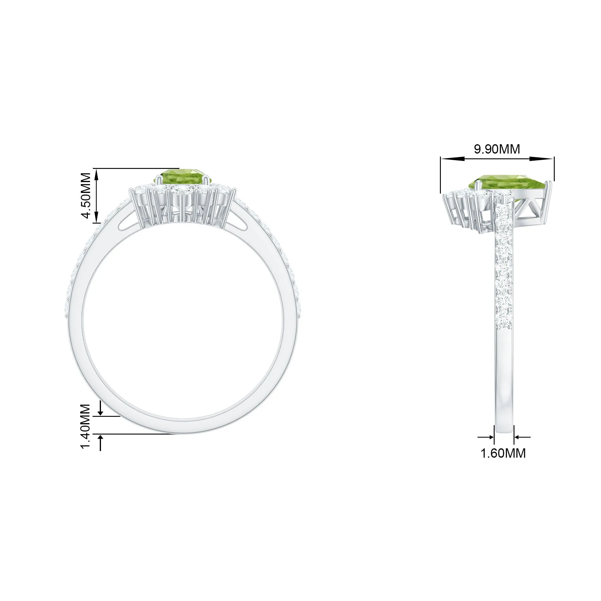 Pear Cut Natural Peridot Ring with Diamond Half Halo