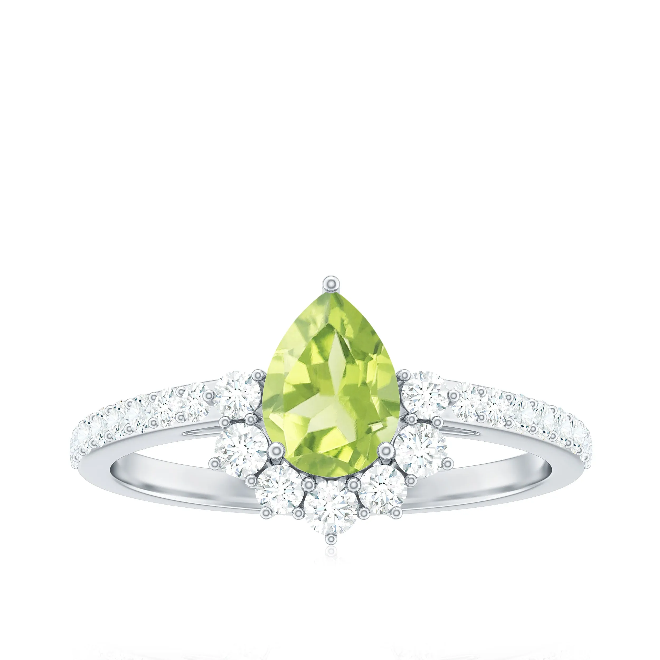 Pear Cut Natural Peridot Ring with Diamond Half Halo