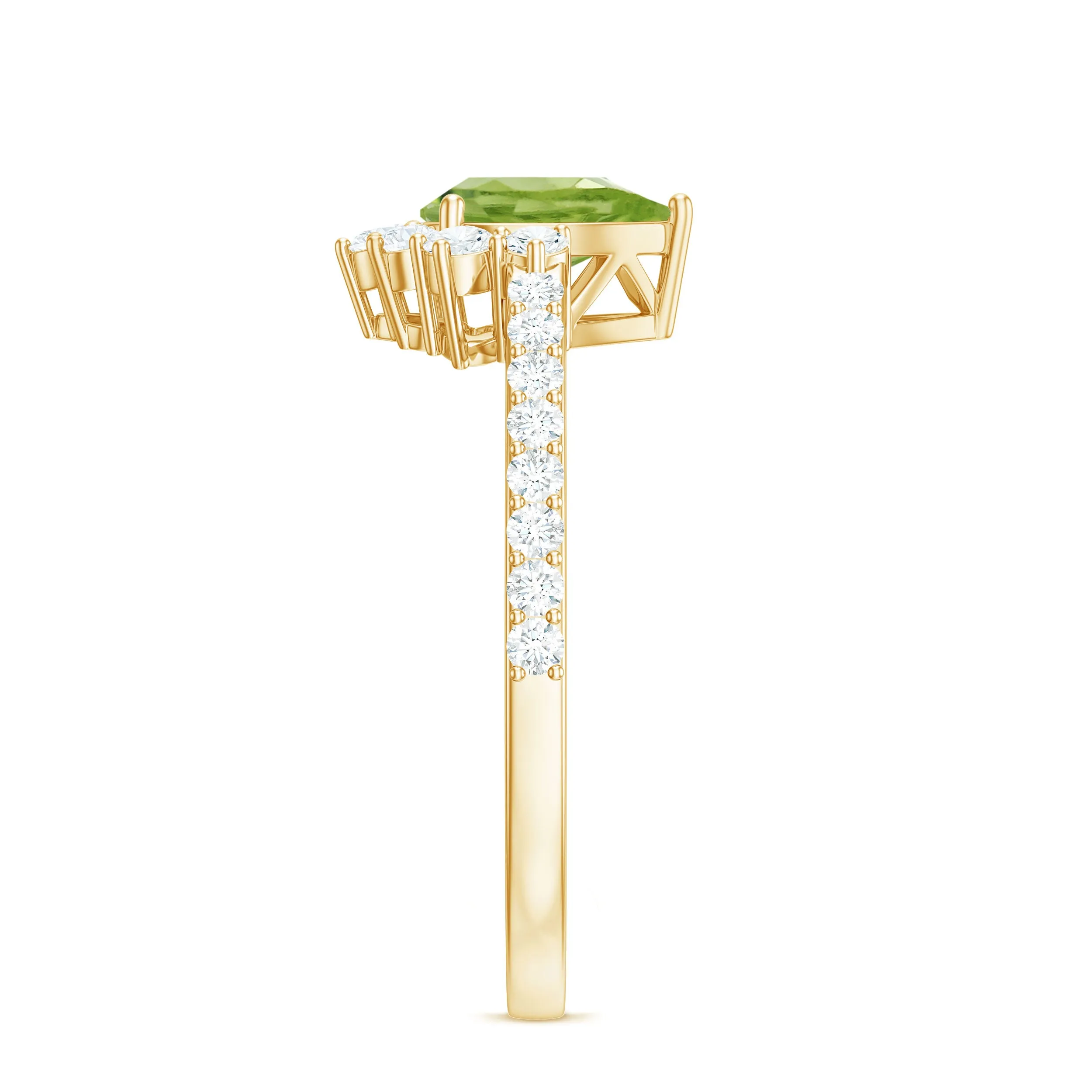 Pear Cut Natural Peridot Ring with Diamond Half Halo