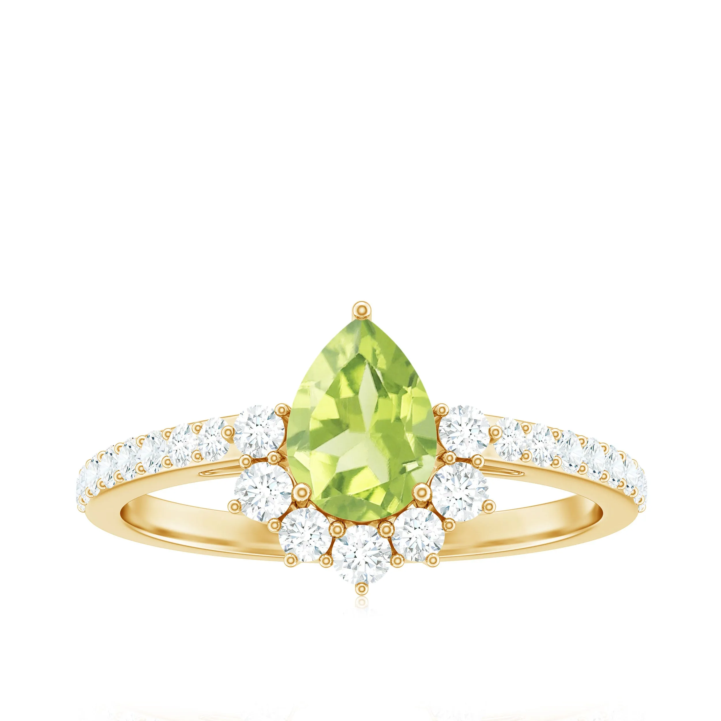 Pear Cut Natural Peridot Ring with Diamond Half Halo