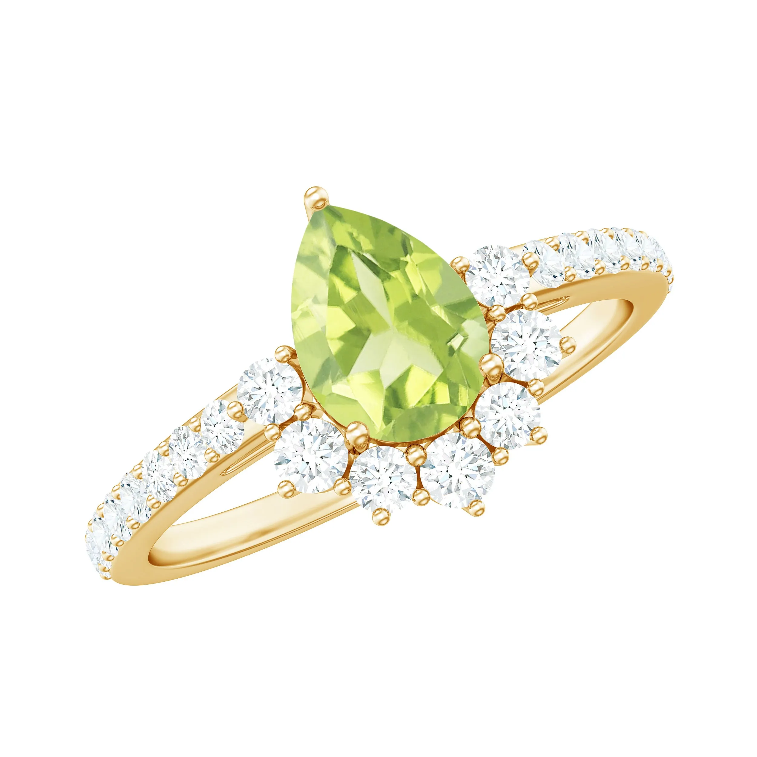 Pear Cut Natural Peridot Ring with Diamond Half Halo