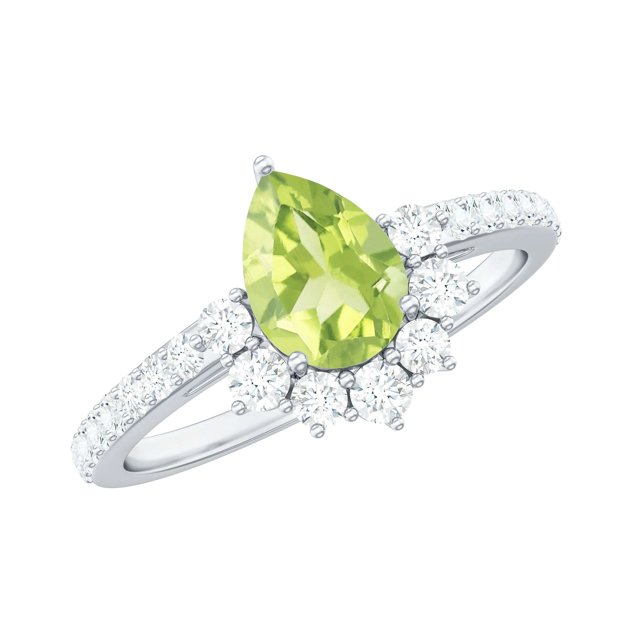 Pear Cut Natural Peridot Ring with Diamond Half Halo