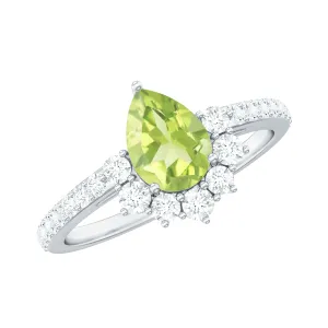 Pear Cut Natural Peridot Ring with Diamond Half Halo
