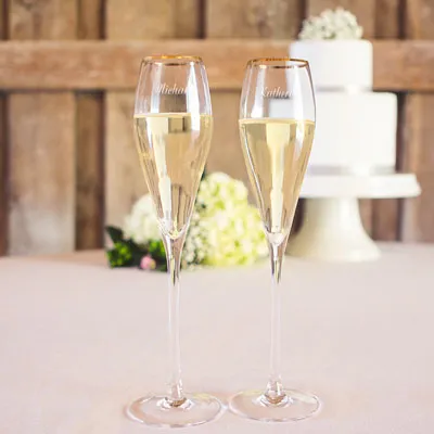 Personalized 7 oz. Gold Rim Champagne Flutes (Set of 2)