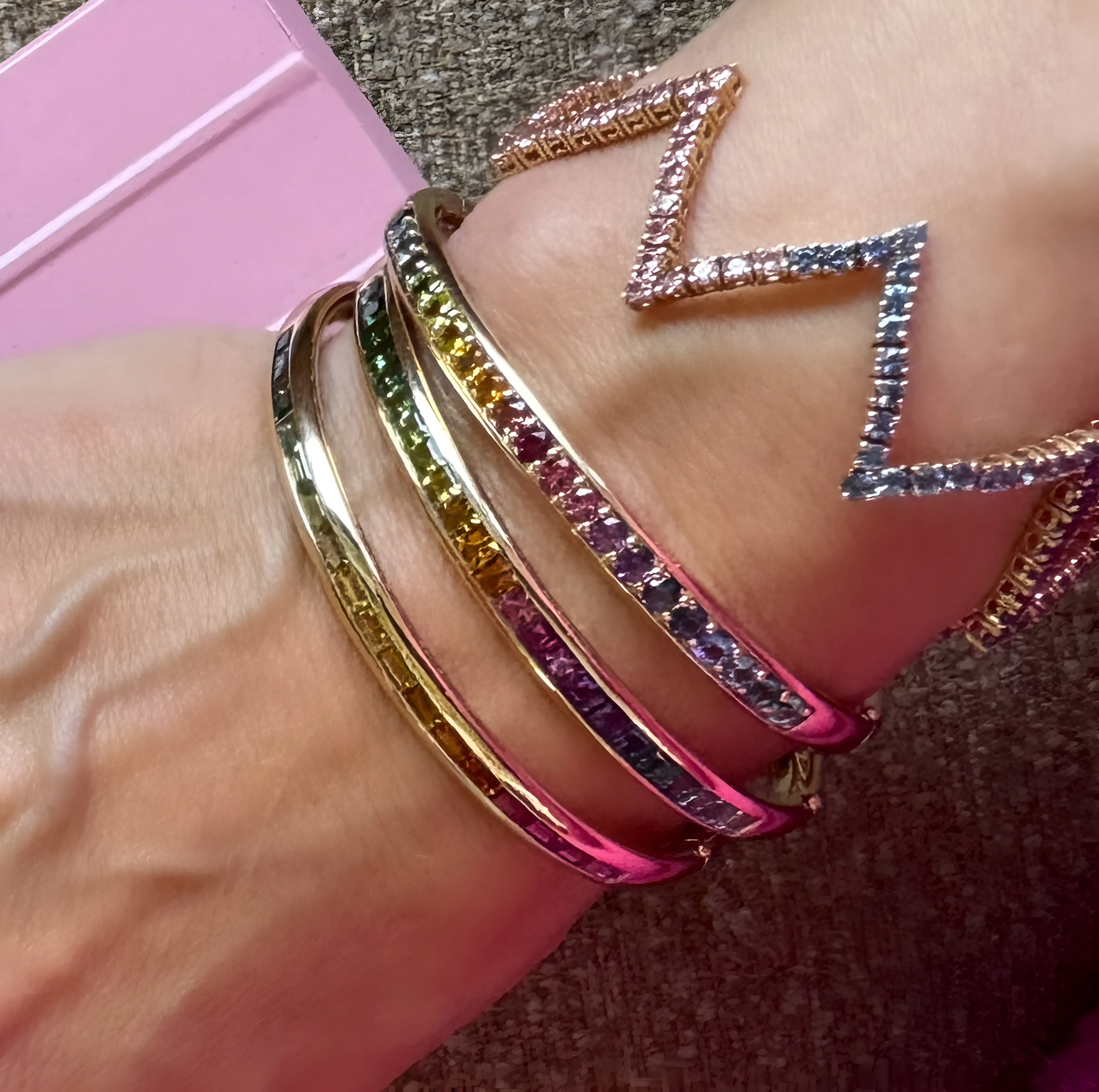 Rainbow Gemstone Squares Comfort Fit Bangle Bracelet
