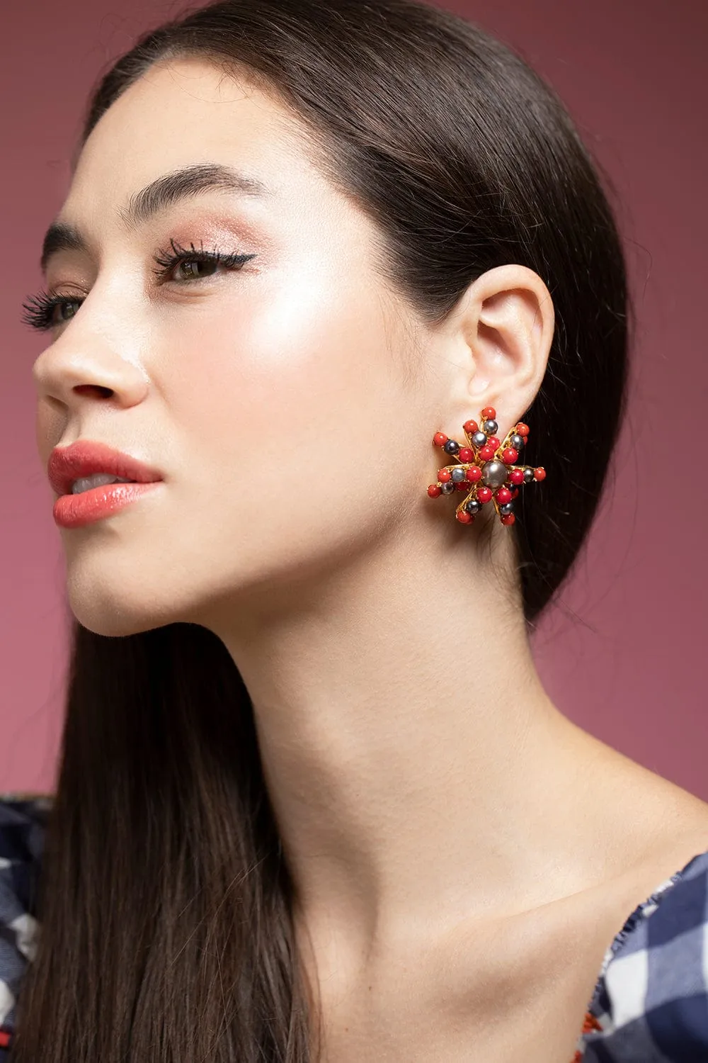 Red Coral and Tahitian Pearl Flower Earrings