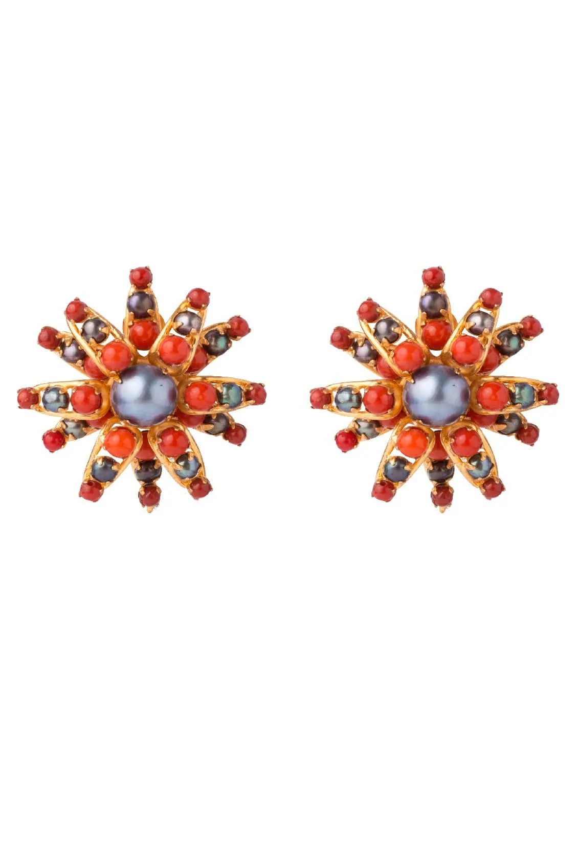 Red Coral and Tahitian Pearl Flower Earrings