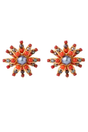 Red Coral and Tahitian Pearl Flower Earrings