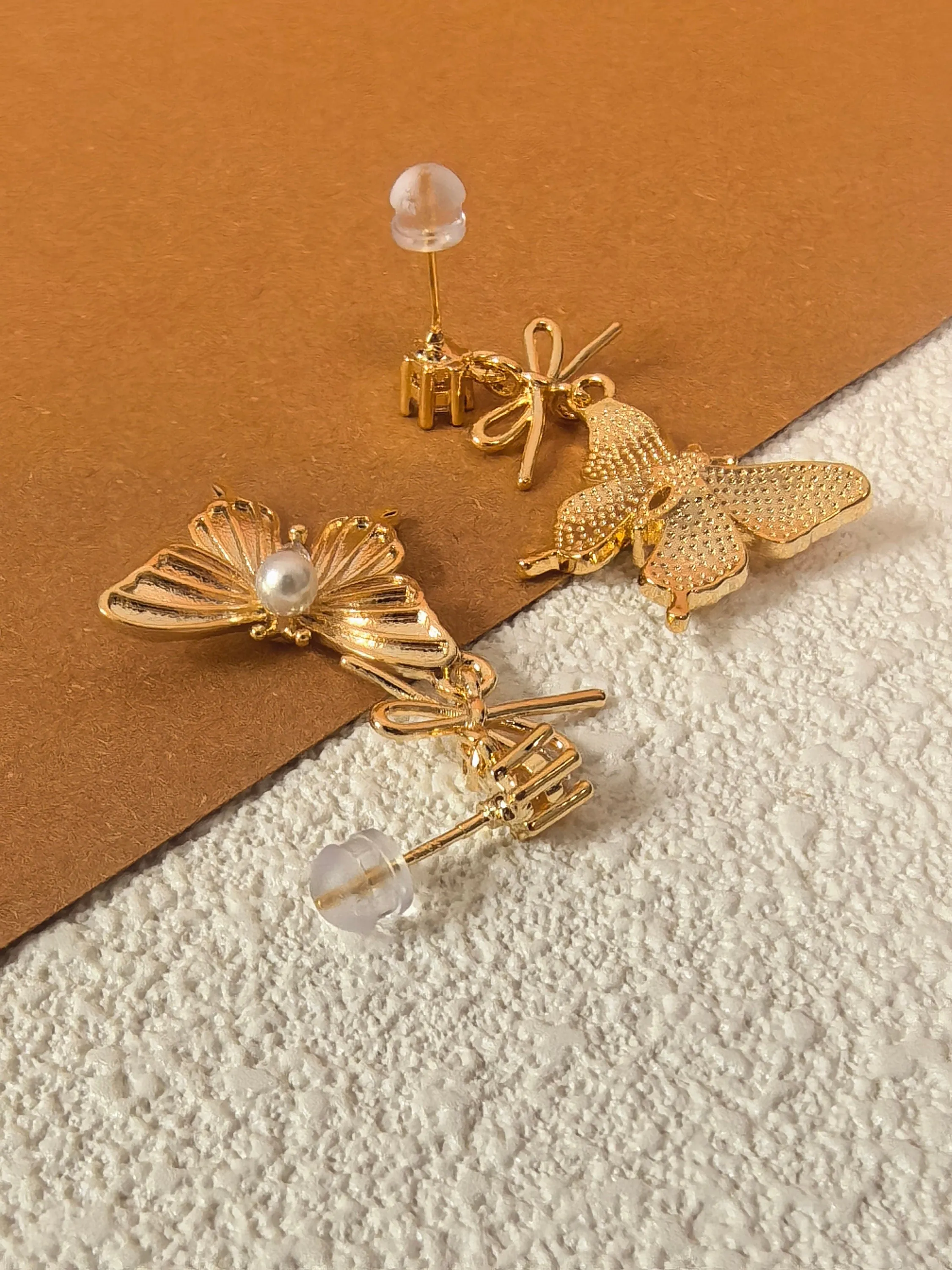 Rhinestone Gold Plate Butterfly Drop Earrings