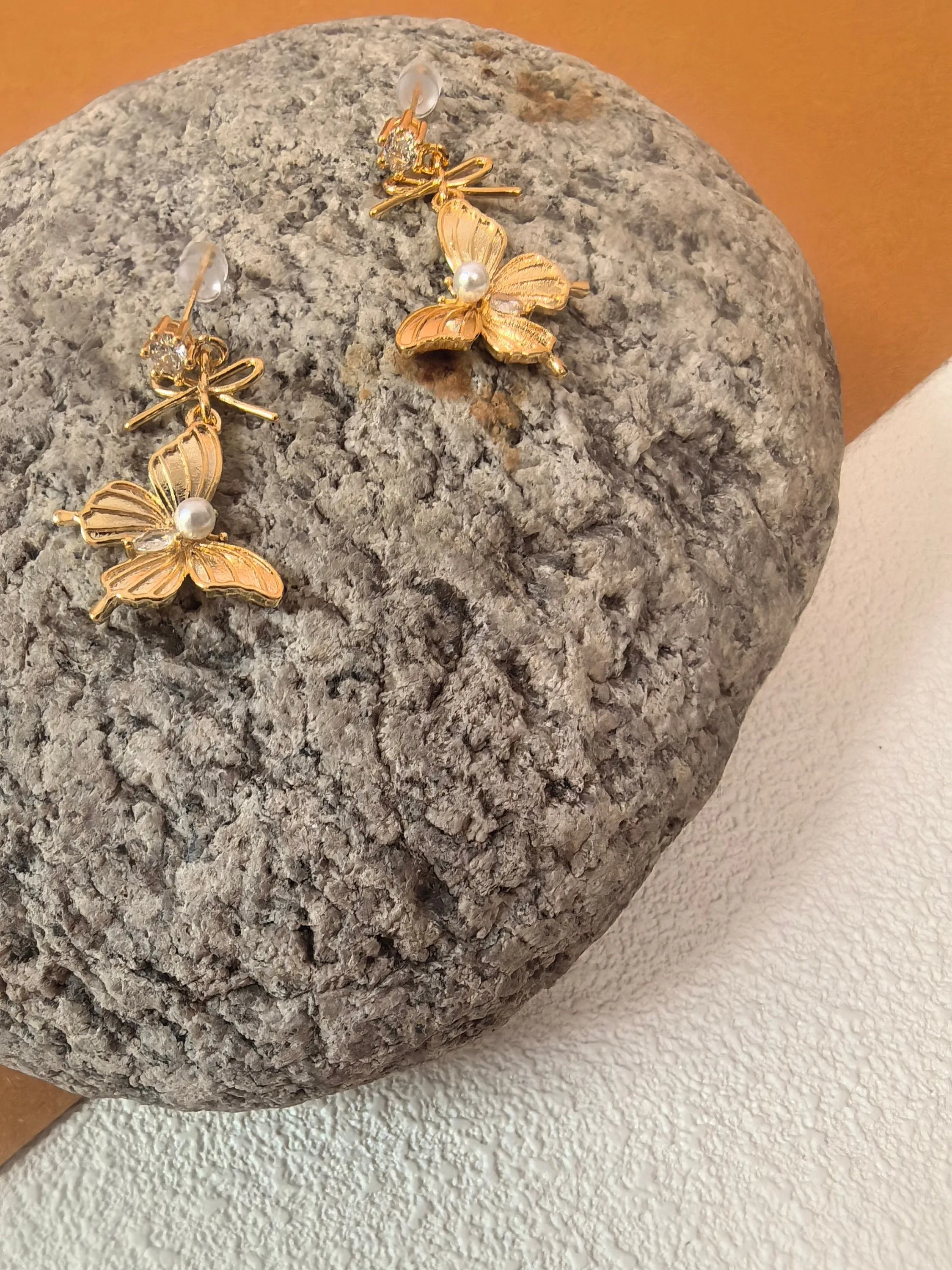 Rhinestone Gold Plate Butterfly Drop Earrings
