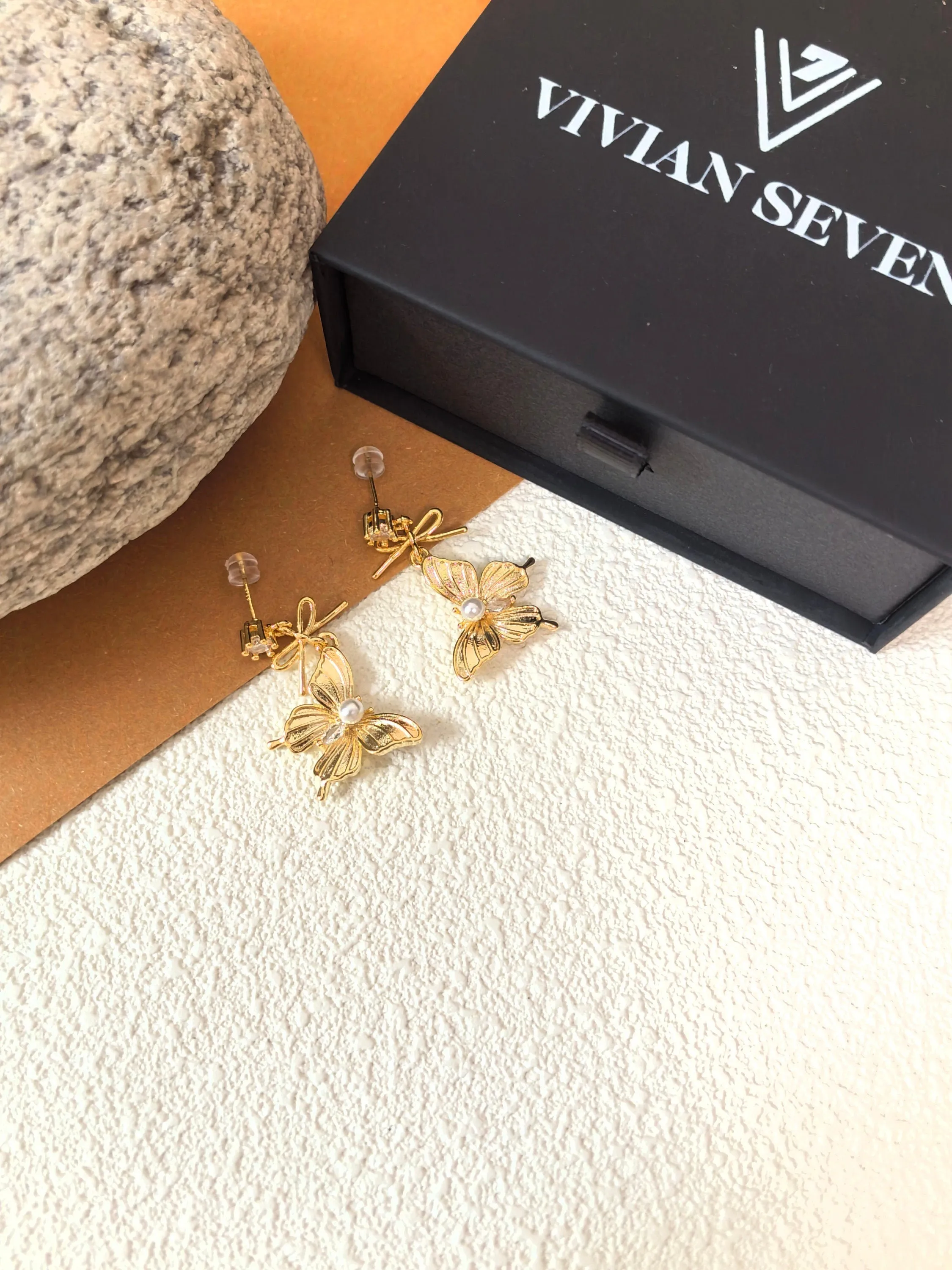 Rhinestone Gold Plate Butterfly Drop Earrings