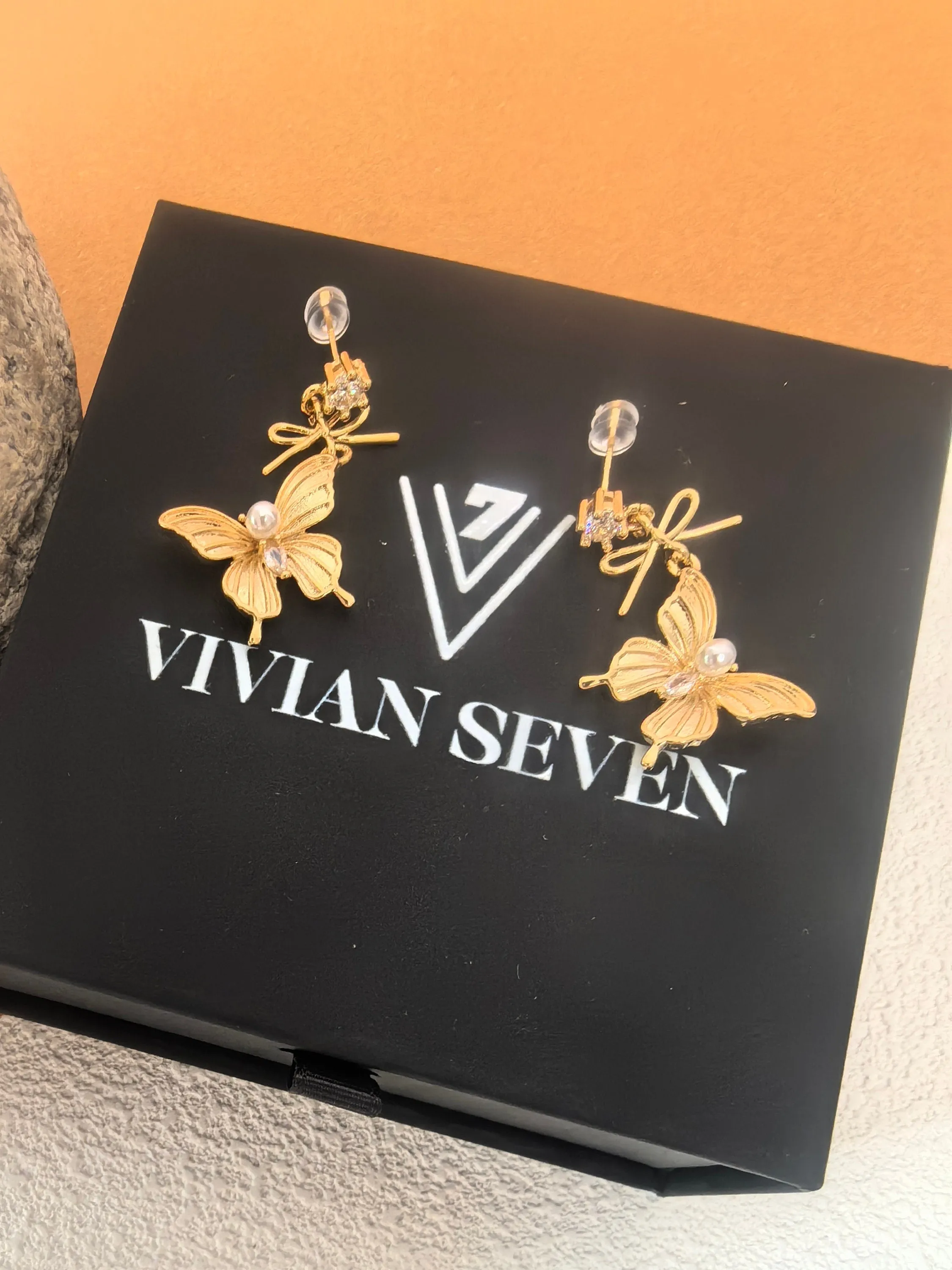 Rhinestone Gold Plate Butterfly Drop Earrings